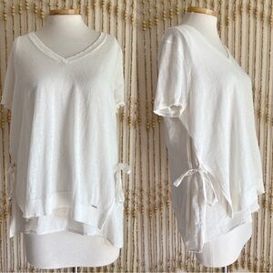DKNY White Linen Loose Fit Side Tie Detail Short Sleeve V Neck Blouse Top